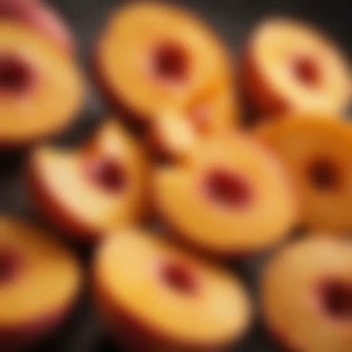 Close-up of sliced peaches revealing juicy texture and vibrant color