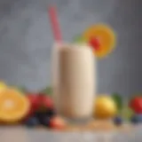 A vibrant oat milk smoothie in a glass, topped with fresh fruits and seeds.