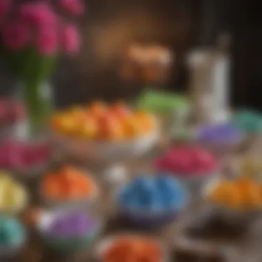 A vibrant array of Easter egg dye kits displayed artfully on a table