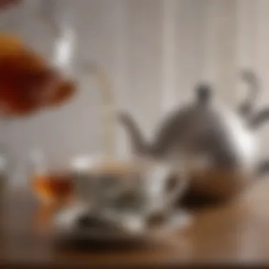 Elegant kettle pouring hot water over loose tea leaves in a teacup