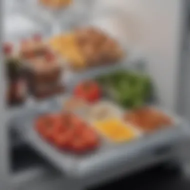 Close-up of a clean, organized tray under a refrigerator