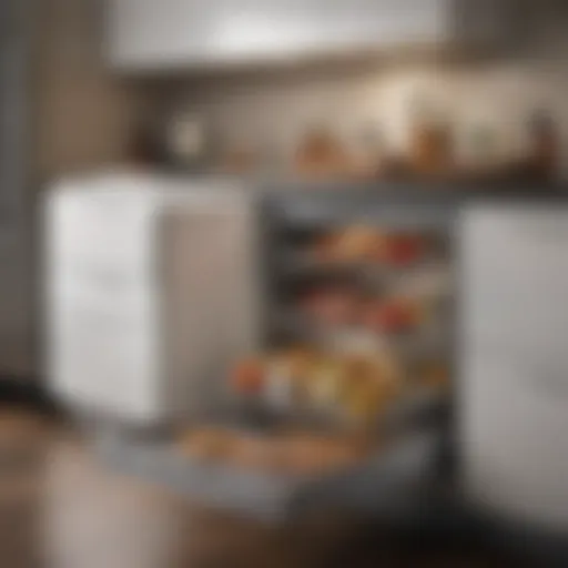 Modern kitchen showcasing an under-refrigerator tray