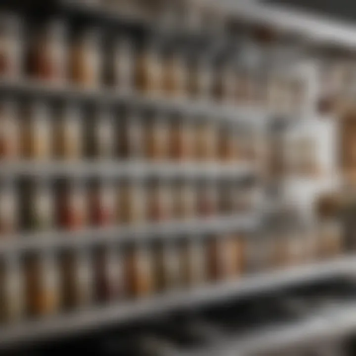 A creative storage solution utilizing magnetic spice jars on a metal strip.