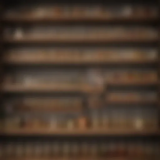 An organized spice shelf showcasing various jars and containers with labels.