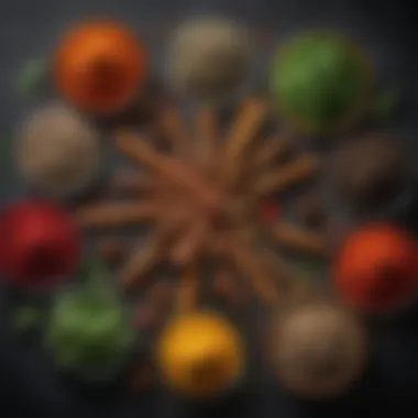 Vibrant Spices Arranged by Color and Flavor A close-up of vibrant spices and herbs arranged by color and flavor.