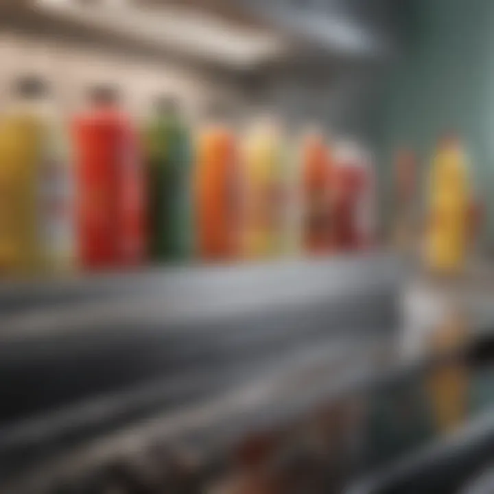 An organized cleaning station with bottle brushes and cleaning supplies