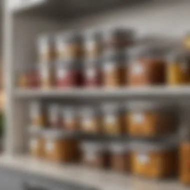 Efficient Kitchen Organization with Airtight Food Storage A kitchen shelf organized with labeled airtight food containers