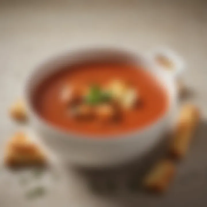 A steaming bowl of rich tomato soup garnished with herbs