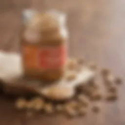 Peanut butter jar on a wooden table with fresh peanuts scattered around