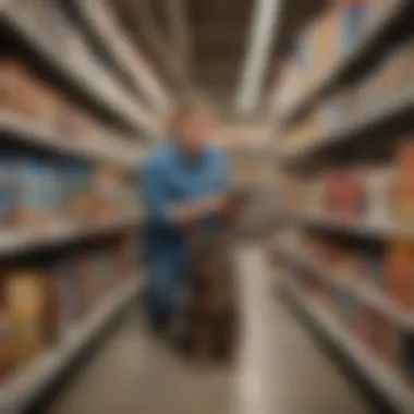 Pet owner reading product labels in a store aisle