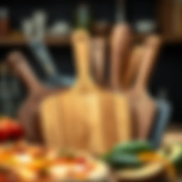 A selection of various pizza peels displayed together, showcasing different materials.