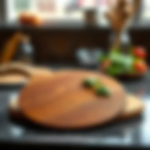 A beautifully crafted wooden pizza peel resting on a countertop.