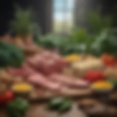 Exploring Plant-Based Protein Alternatives A vibrant display of plant-based protein sources alongside meats, emphasizing alternatives.