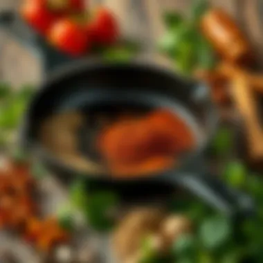 Cast iron skillet with herbs and spices arranged around it