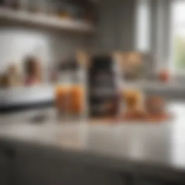 A modern kitchen setup with protein supplements and fortified foods on the counter.