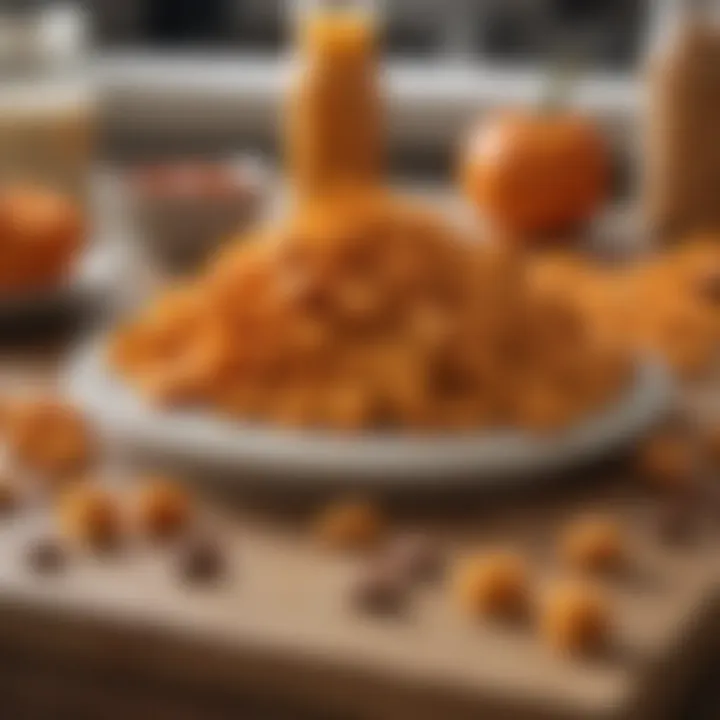 A variety of ingredients used in making pumpkin dog treats displayed on a kitchen counter