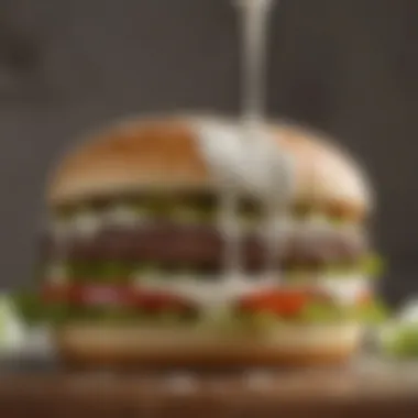 A close-up of ranch dressing drizzling over a cheeseburger