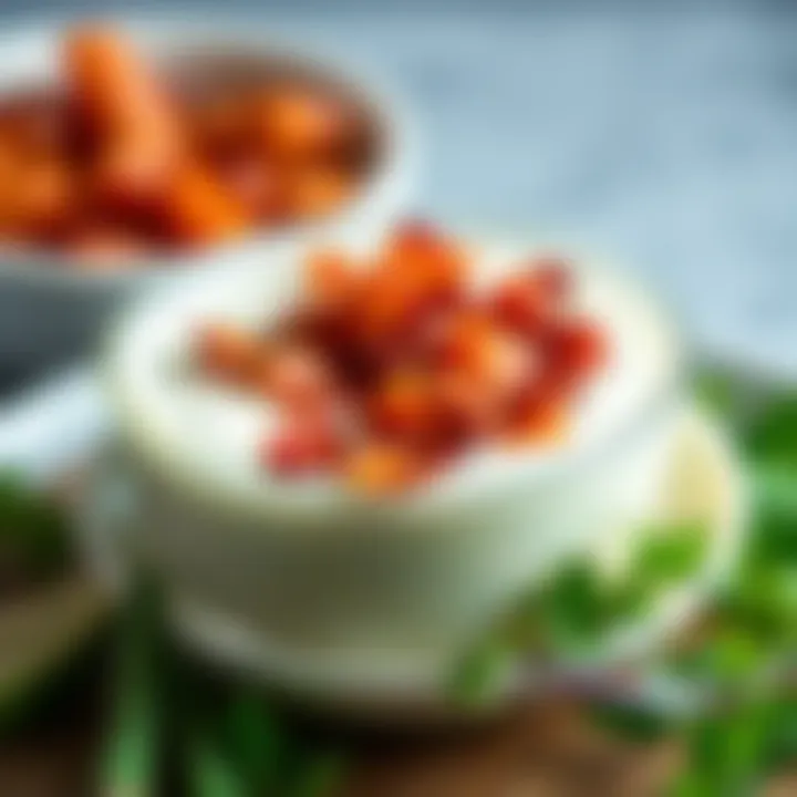 Ranch Dressing Infused with Bacon A vibrant bowl of ranch dressing with crispy bacon bits