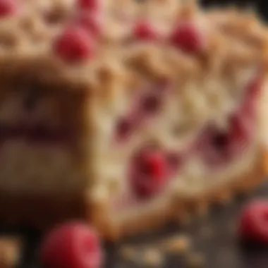 Close-up of the crumbly texture of the raspberry crumb cake