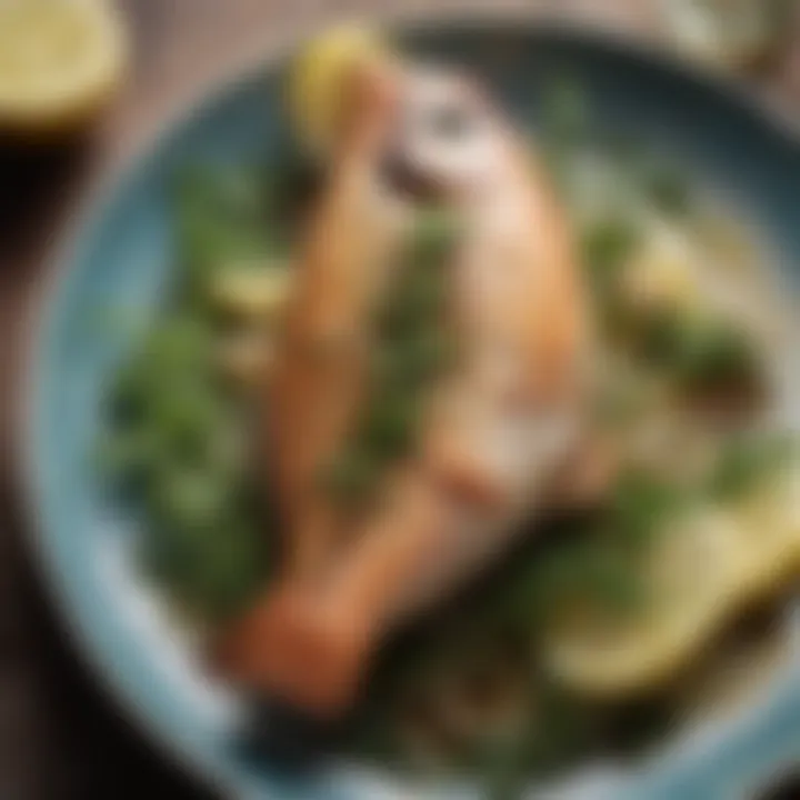 Grilled redfish with herbs and lemon on a plate