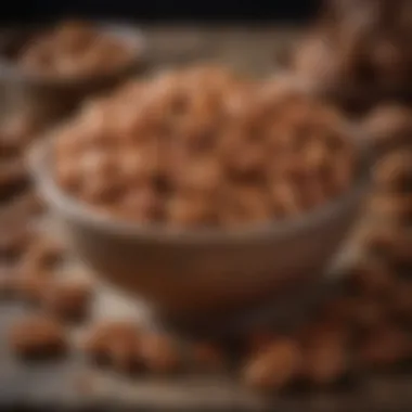 Rustic Bowl of Praline Pecans A rustic bowl filled with crunchy praline pecans surrounded by natural ingredients.