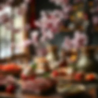 Sakura-Inspired Christmas Gathering A festive gathering highlighting an array of sakura-inspired Christmas dishes, celebrating cultural fusion.