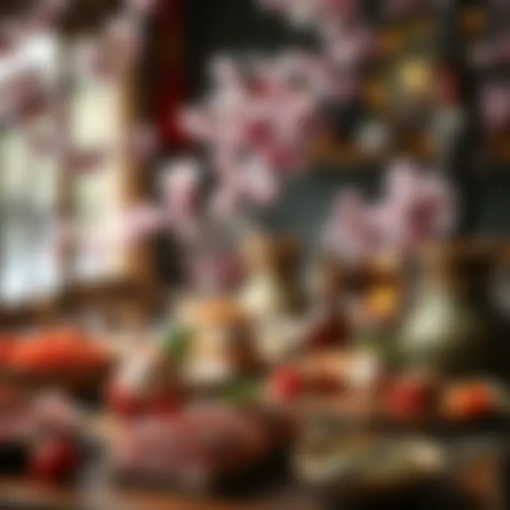 Sakura-Inspired Christmas Gathering A festive gathering highlighting an array of sakura-inspired Christmas dishes, celebrating cultural fusion.