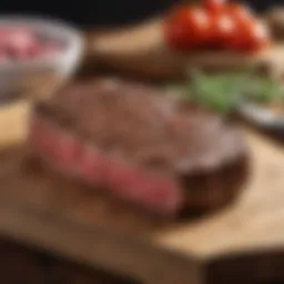 Freshly sourced sirloin steak on a butcher's block