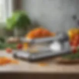 Elegant mandolin slicer on a countertop with fresh vegetables