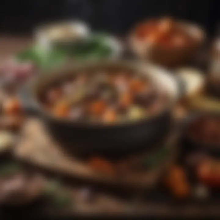 An array of fresh ingredients for making beef stew displayed elegantly