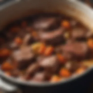 Tender Beef in Slow Cooked Stew A close-up of tender beef pieces simmering in a pot