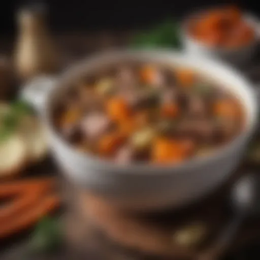 A rich bowl of slow cooked beef stew filled with vibrant vegetables