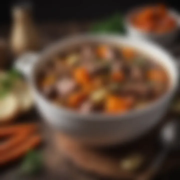 A rich bowl of slow cooked beef stew filled with vibrant vegetables