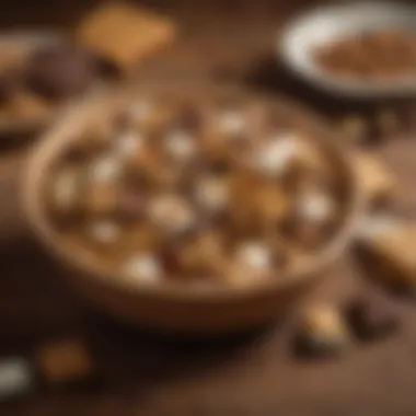 S'mores Trail Mix in a Rustic Setting An artistic arrangement of S'mores Trail Mix in a rustic bowl on a wooden table