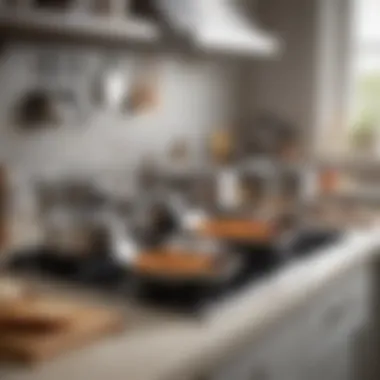 A well-organized kitchen countertop featuring both stainless steel and nonstick cookware along with utensils