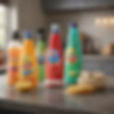 Various cleaning products arranged on a countertop.