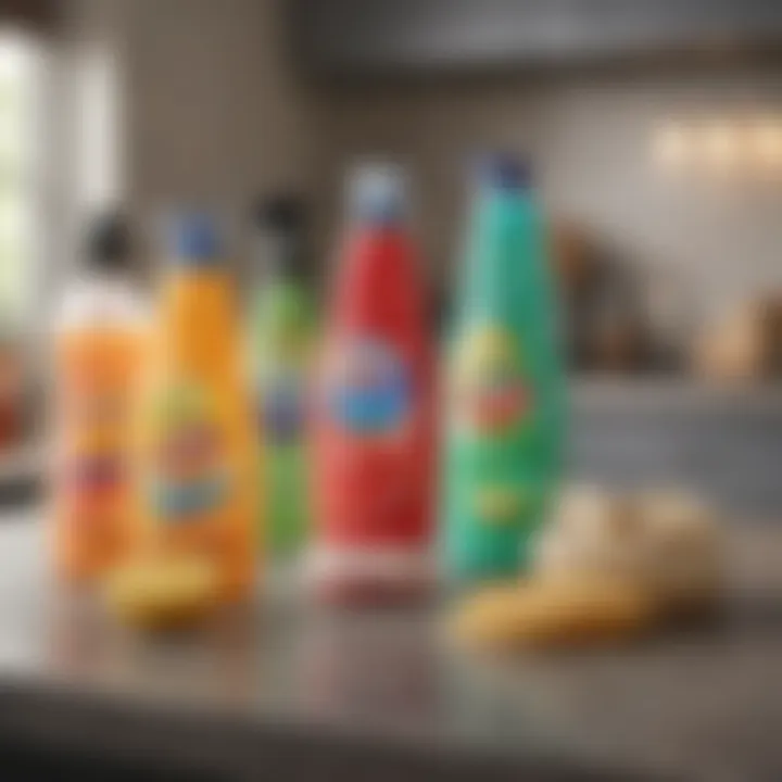 Various cleaning products arranged on a countertop.