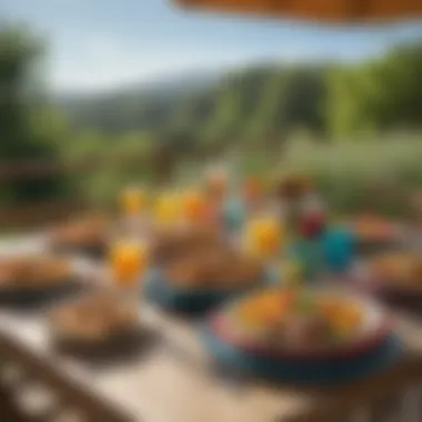 Vibrant Outdoor Dining Experience Colorful outdoor dining setting with dish sets