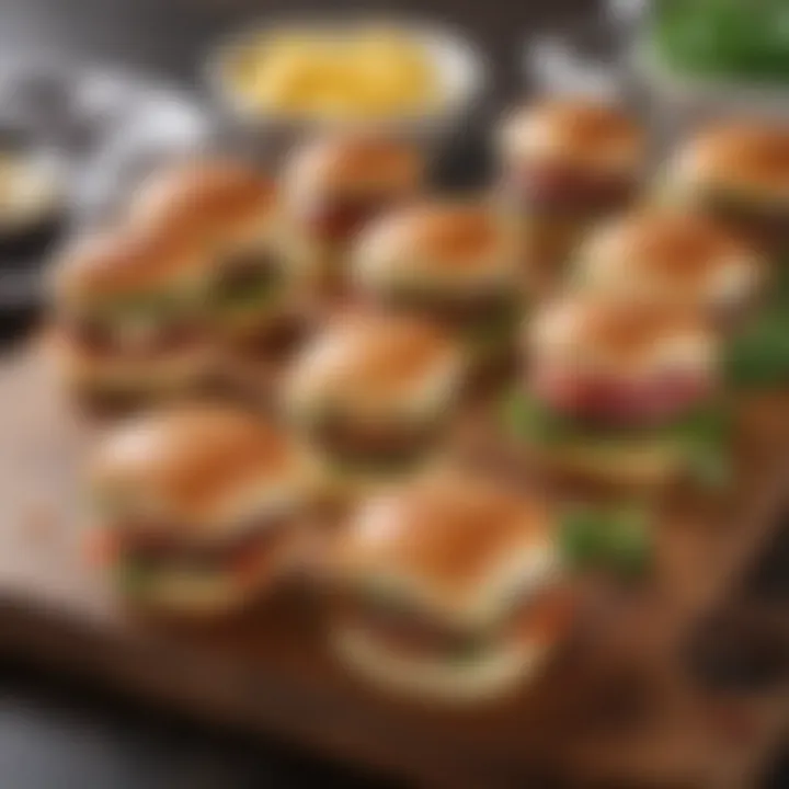 Colorful array of mini sliders on a rustic wooden board