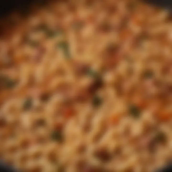 A close-up of cooked Pasta e Fagioli highlighting the textures of the dish