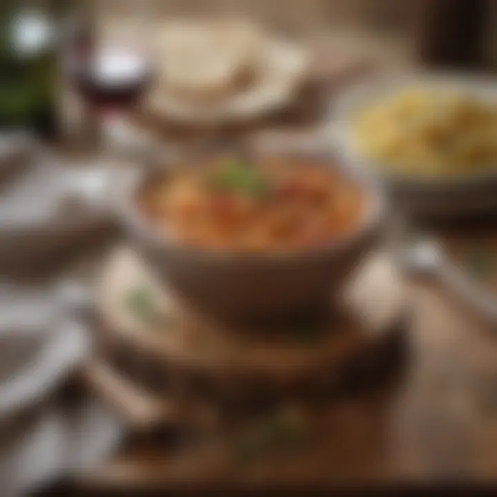 A rustic table setting featuring Pasta e Fagioli and a glass of wine