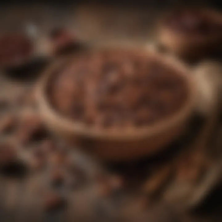 A rustic wooden bowl filled with sweetened cacao nibs, surrounded by natural elements.