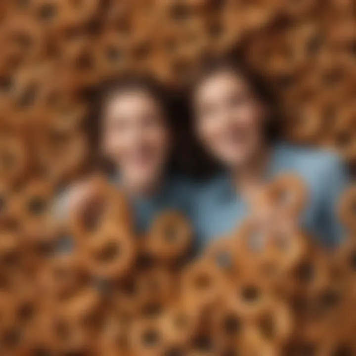 A whimsical scene of guests delighting in Disney pretzels
