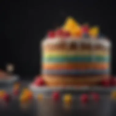 A modern birthday cake featuring unique design elements and vibrant colors