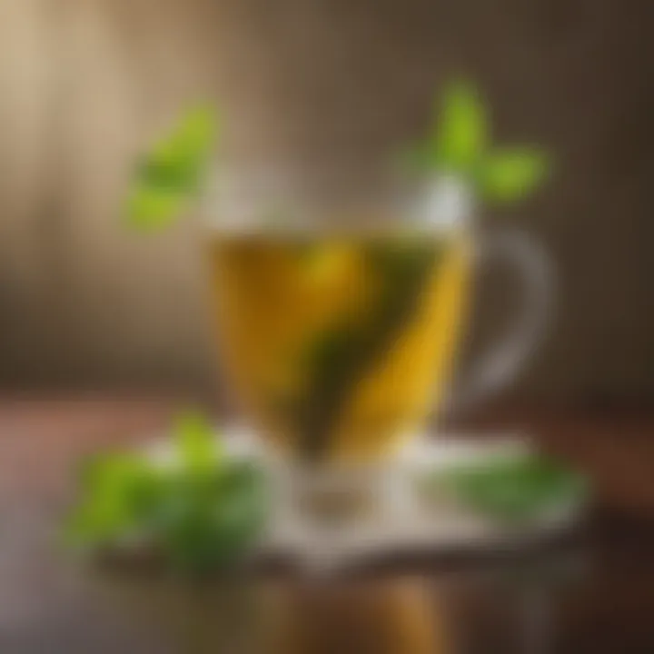 A vibrant cup of brewed green tea with a sprig of mint