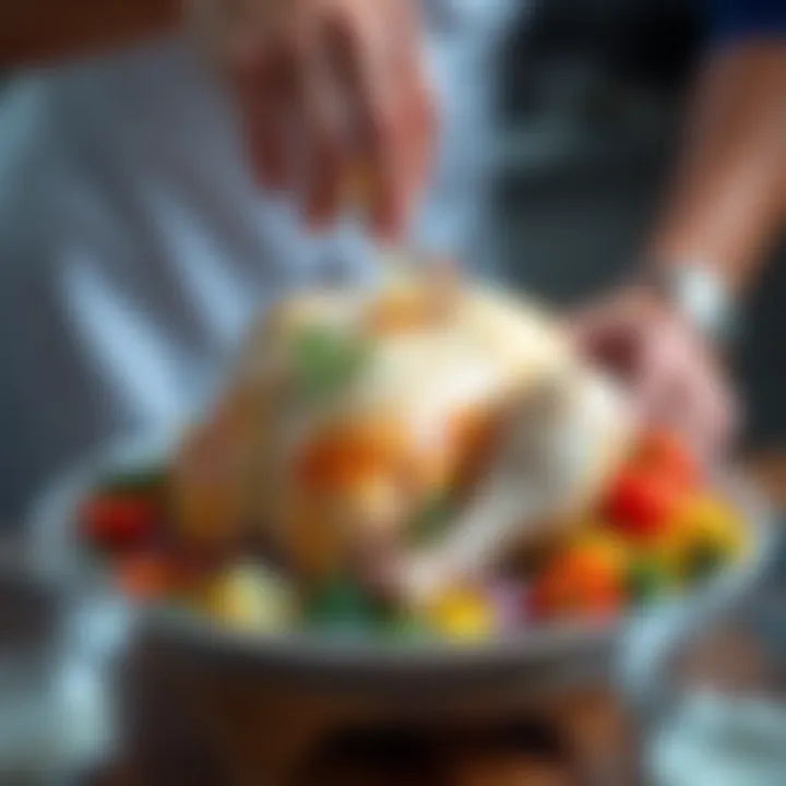 A whole chicken being placed on a platter with colorful vegetables