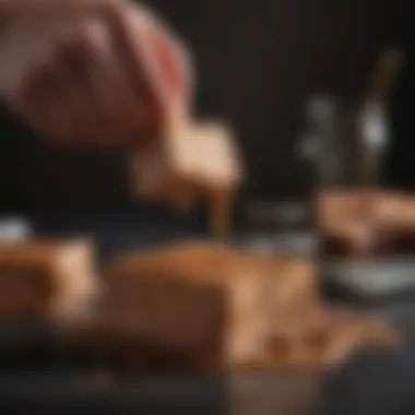 Close-up of fudge being poured into a mold with a smooth texture