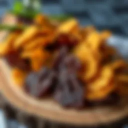 A vibrant assortment of baked seaweed crisps displayed elegantly on a rustic wooden platter.