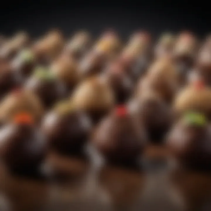 A close-up of rich chocolate truffles with unique toppings, showcasing artful presentation