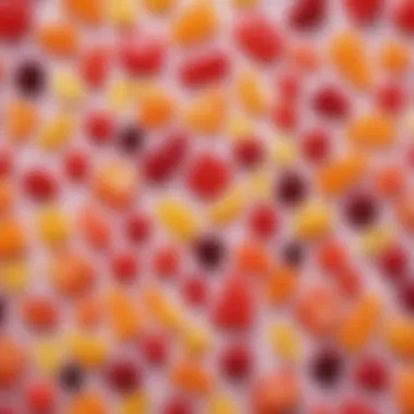 Fruit-Flavored Gummies in Playful Shapes A vibrant assortment of fruit-flavored gummies and jellies in various shapes